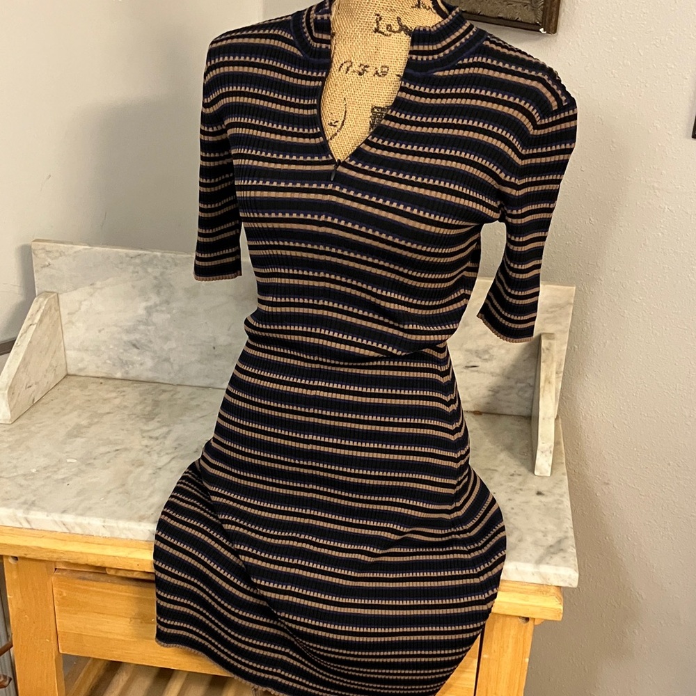 Theory Black and Tan Striped Midi Dress Gorgeous Sexy! S